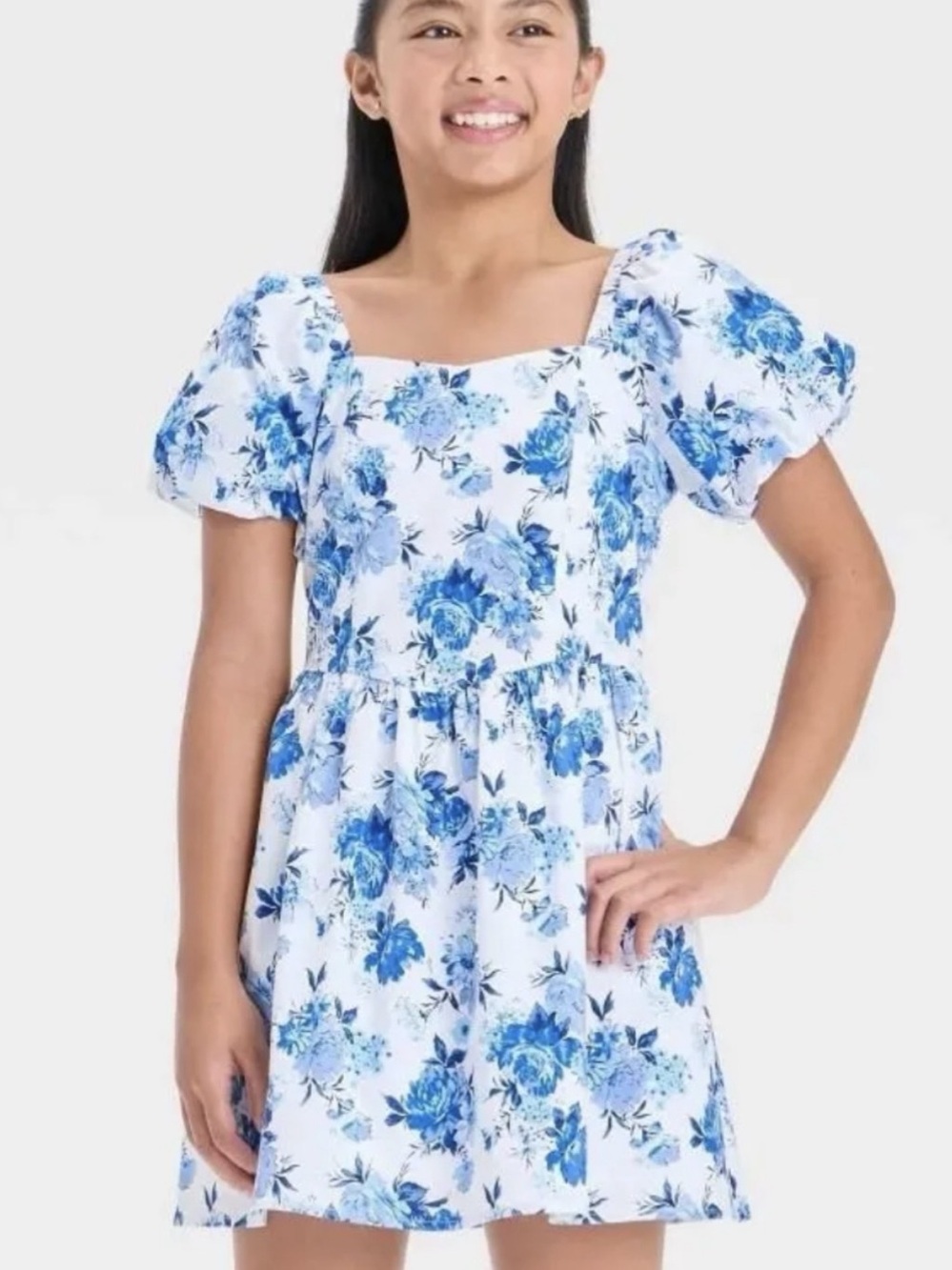 Art Class Girls Blue Floral Puff Sleeve Dress Size M 8